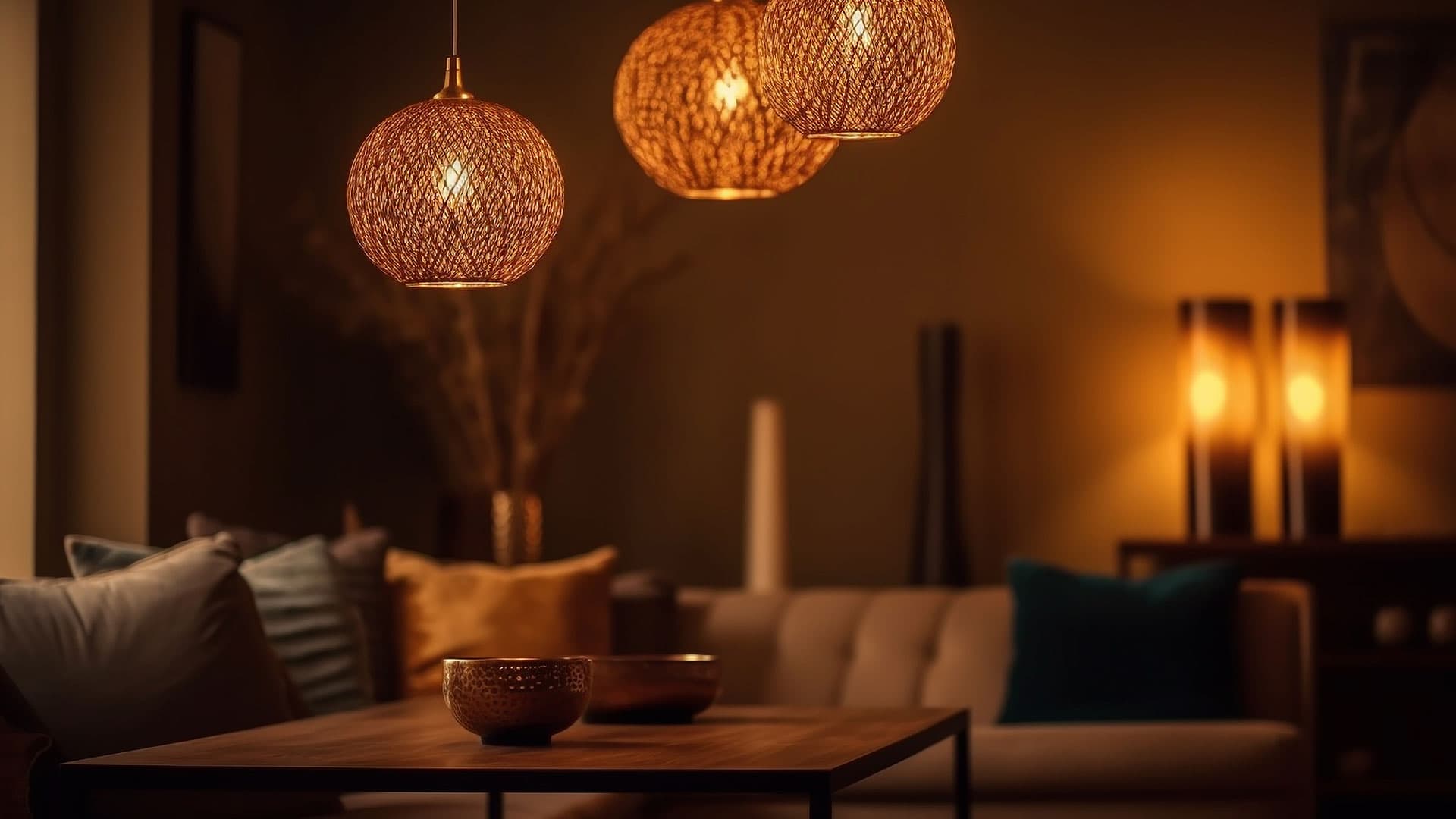 Suspensions boule en fibre tressée allumées au-dessus d’une table, dans un salon aux tons chauds