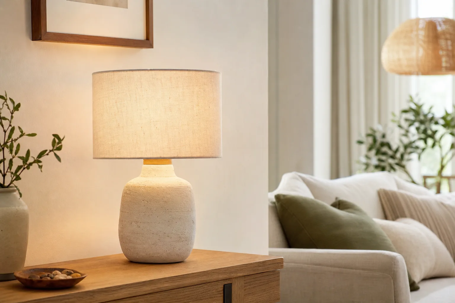 Lampe à poser avec abat-jour cylindrique en tissu écru diffusant une lumière douce dans un salon aux tons naturels.