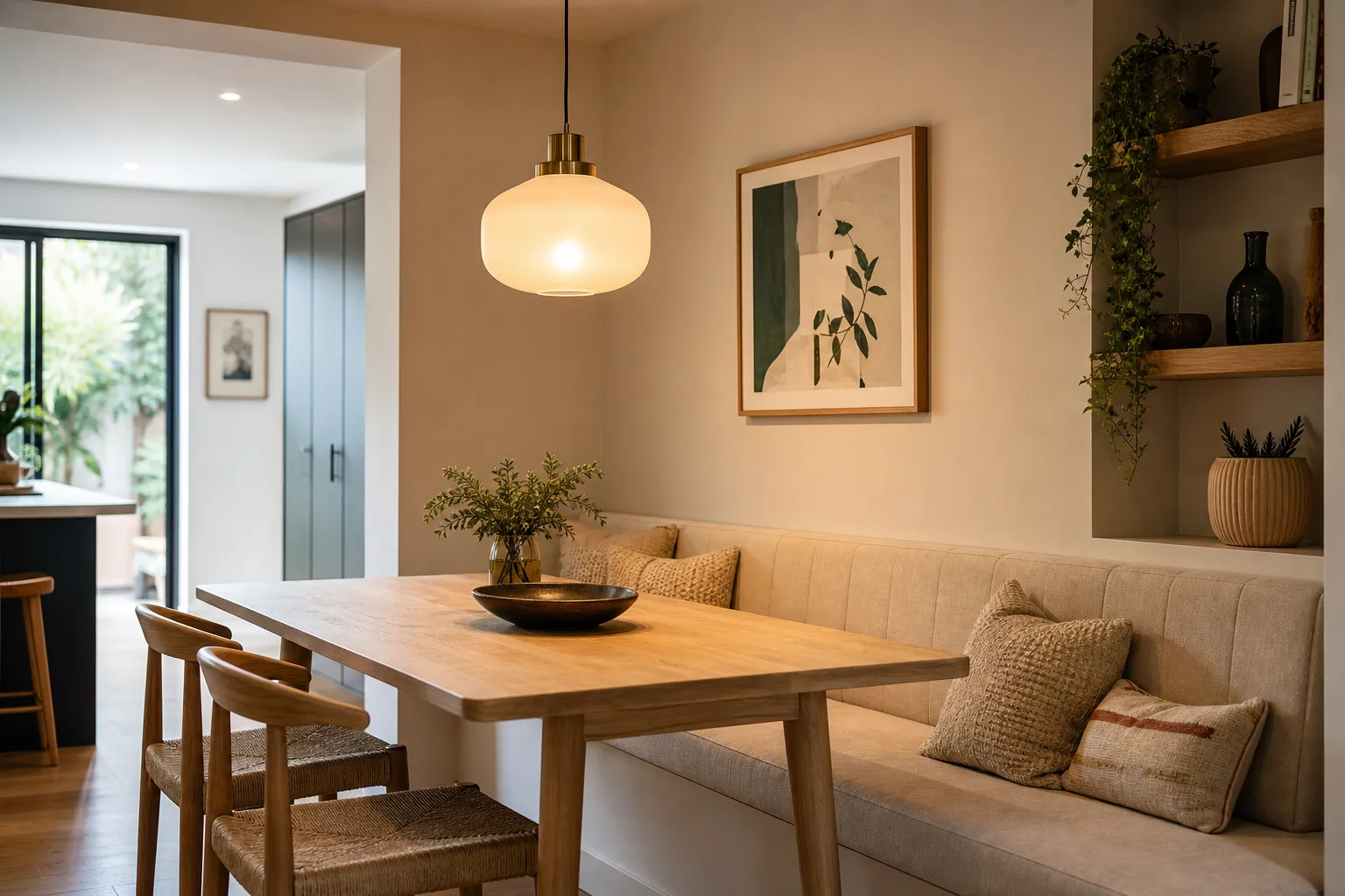 Banquette beige contre un mur, table en bois et suspension globe blanche éclairant le coin repas.