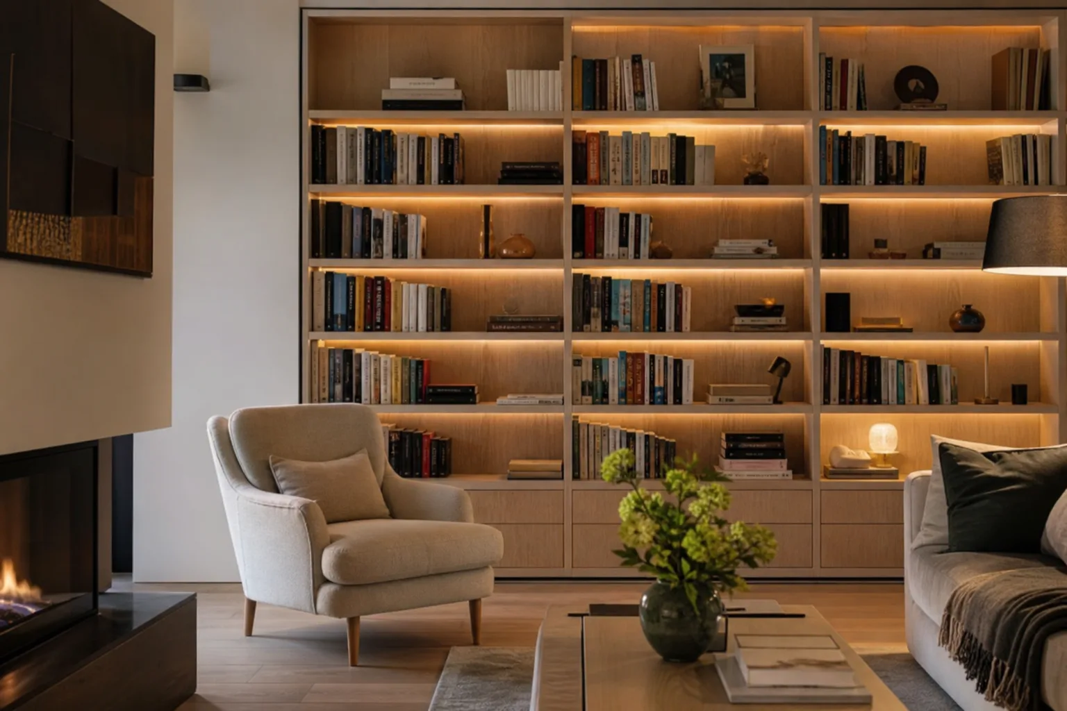 Grande bibliothèque en bois éclairée par des réglettes discrètes sous les étagères, avec des livres et objets décoratifs.