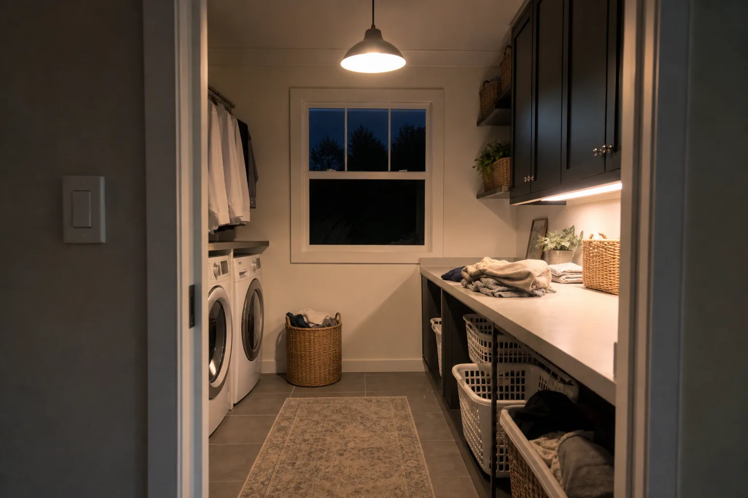 Interrupteur près de l’entrée d’une buanderie, avec suspension allumée et lumière sous un meuble au-dessus du plan de pliage.