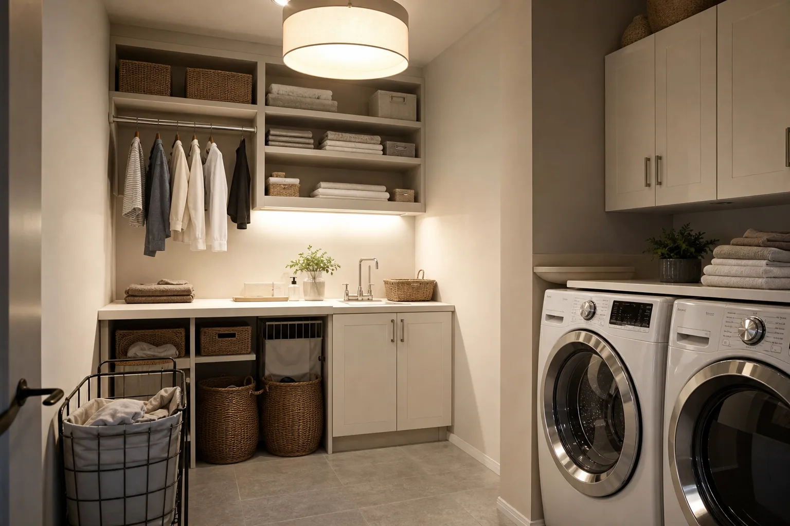 Buanderie avec lave-linge sous un plan de pliage, paniers de linge et suspension compacte allumée au plafond.