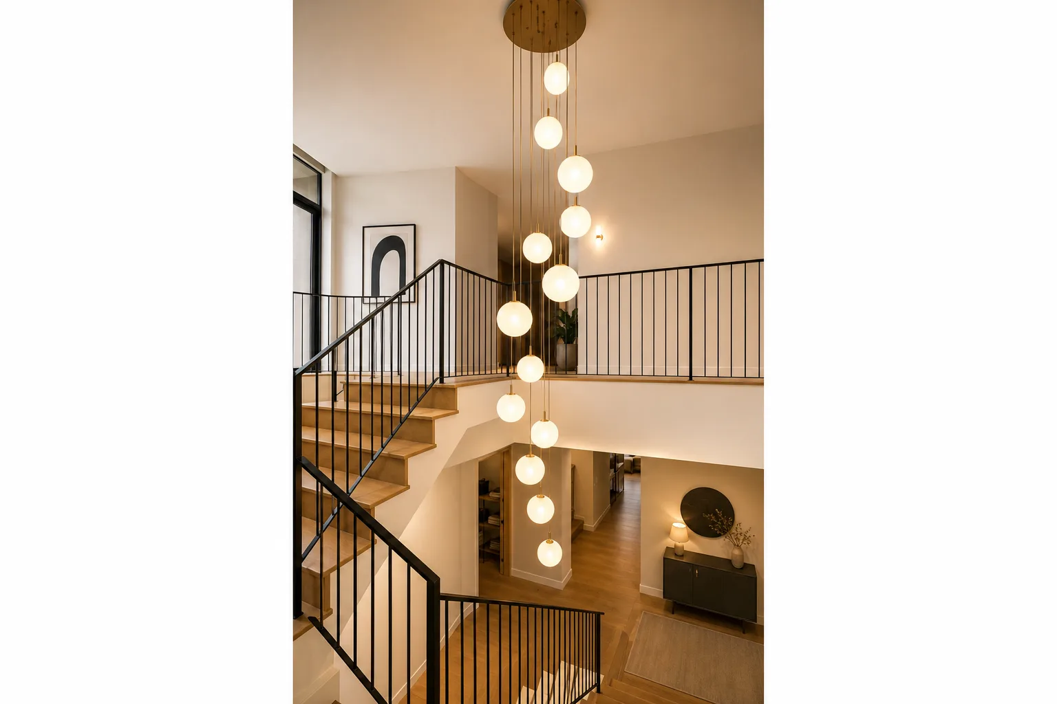 Cage d’escalier contemporaine avec marches en bois clair, garde-corps noir et suspension à globes blancs tombant sur plusieurs niveaux.