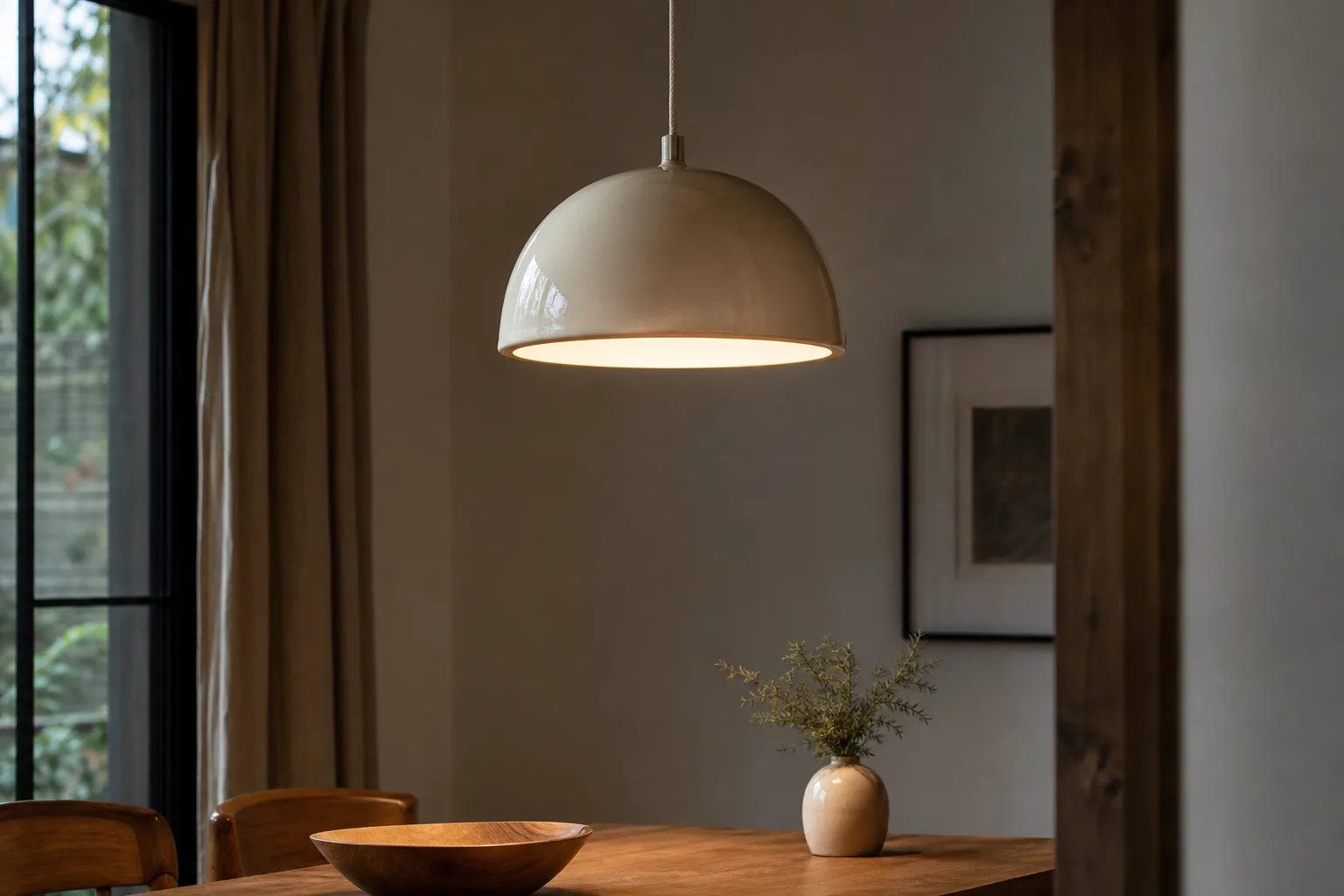 Suspension en céramique ivoire allumée au-dessus d'une table en bois dans une pièce aux tons naturels.