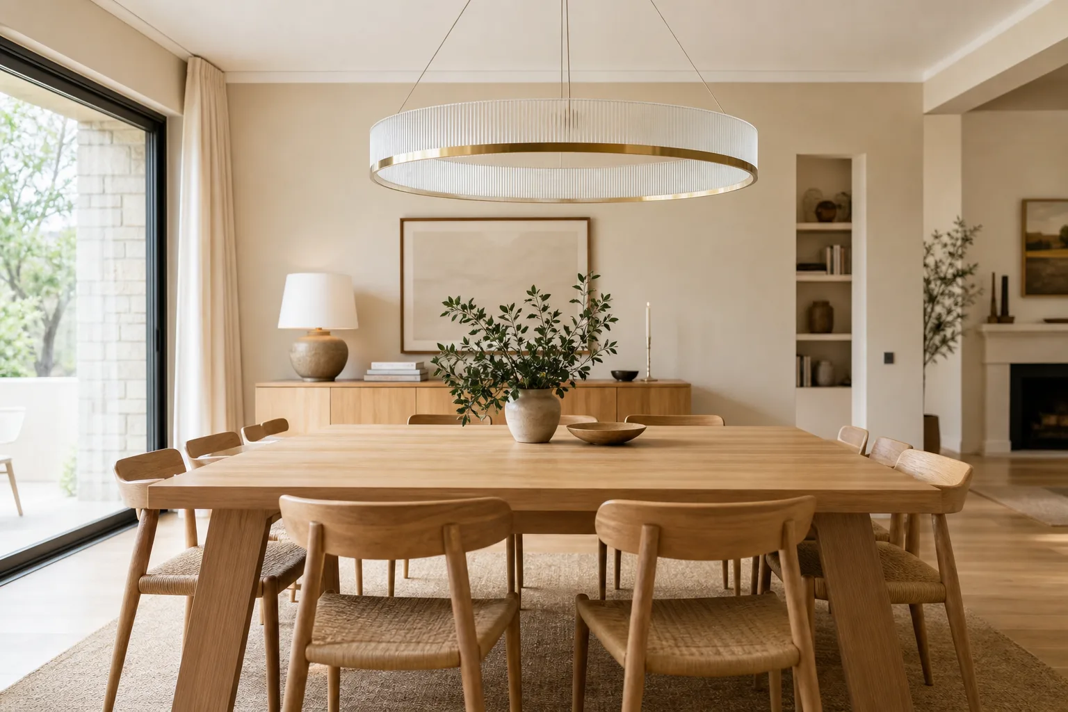 Grand lustre circulaire en verre opalin suspendu au-dessus d’une table à manger en bois clair dans un intérieur contemporain.