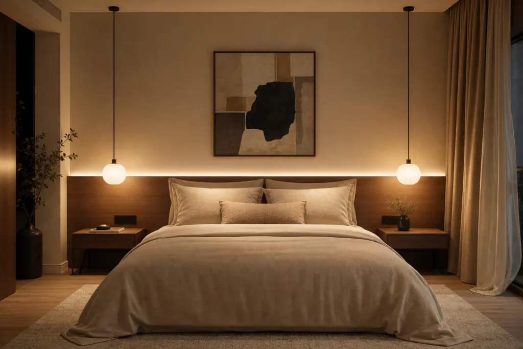Deux luminaires pendants en verre opalin éclairent les tables de nuit de part et d’autre d’un lit beige.