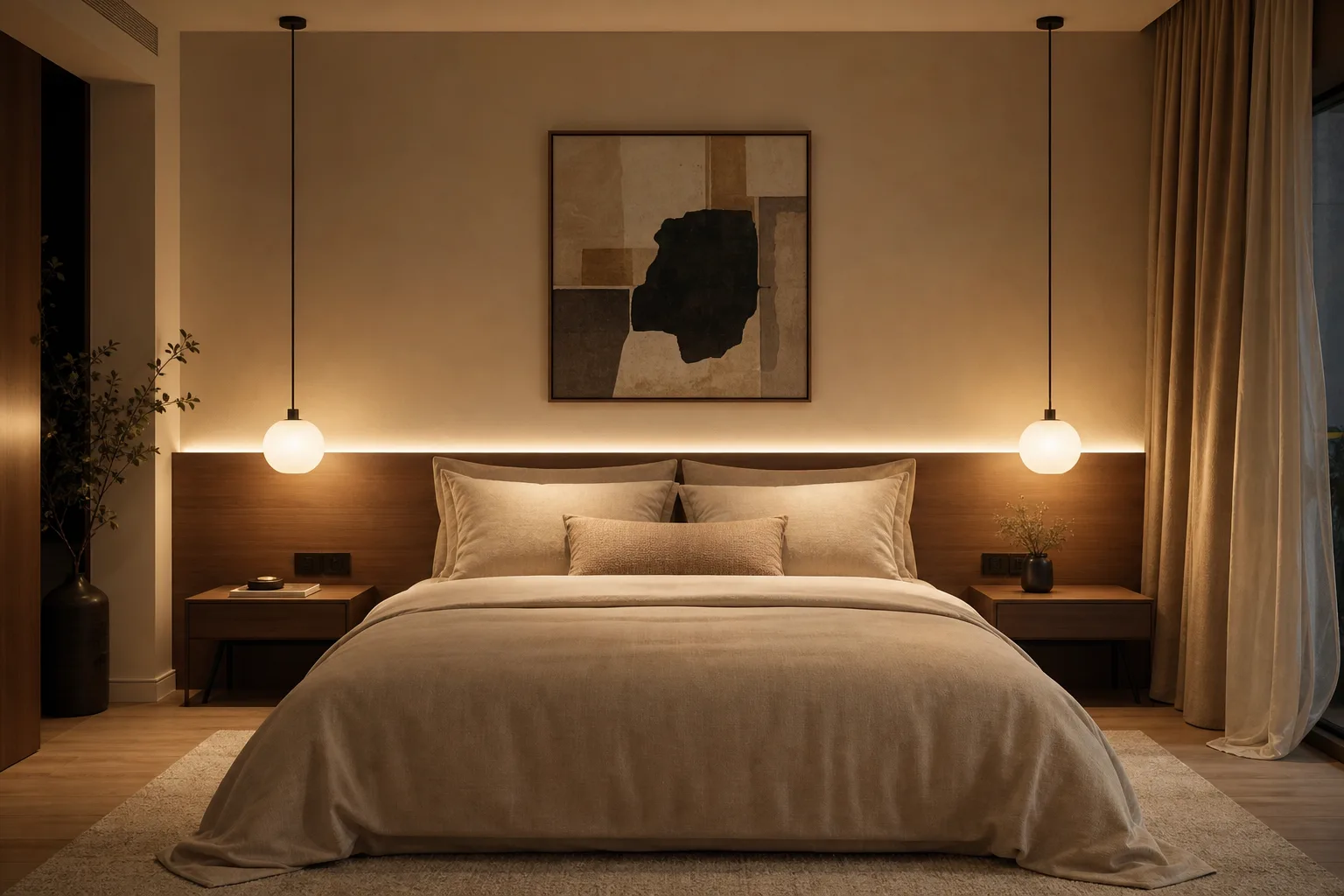 Deux luminaires pendants en verre opalin éclairent les tables de nuit de part et d’autre d’un lit beige.