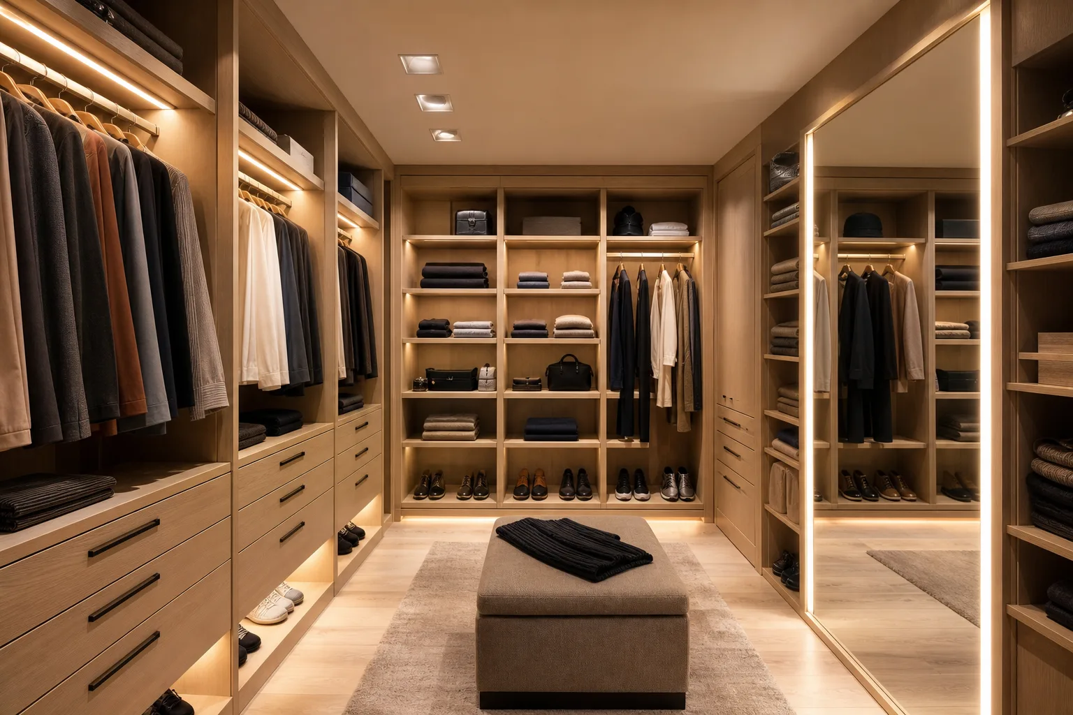 Dressing en bois clair avec étagères éclairées, vêtements suspendus et miroir encadré de deux sources lumineuses