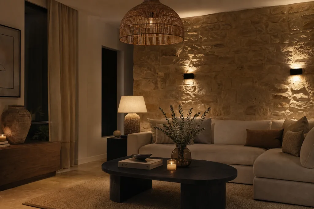 Salon avec mur en pierre beige éclairé par des appliques discrètes et une suspension en fibres naturelles.