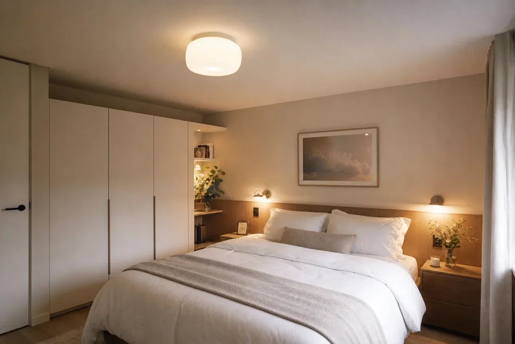 Chambre aux murs clairs avec une petite suspension en verre opalin installée près du plafond au-dessus du lit.