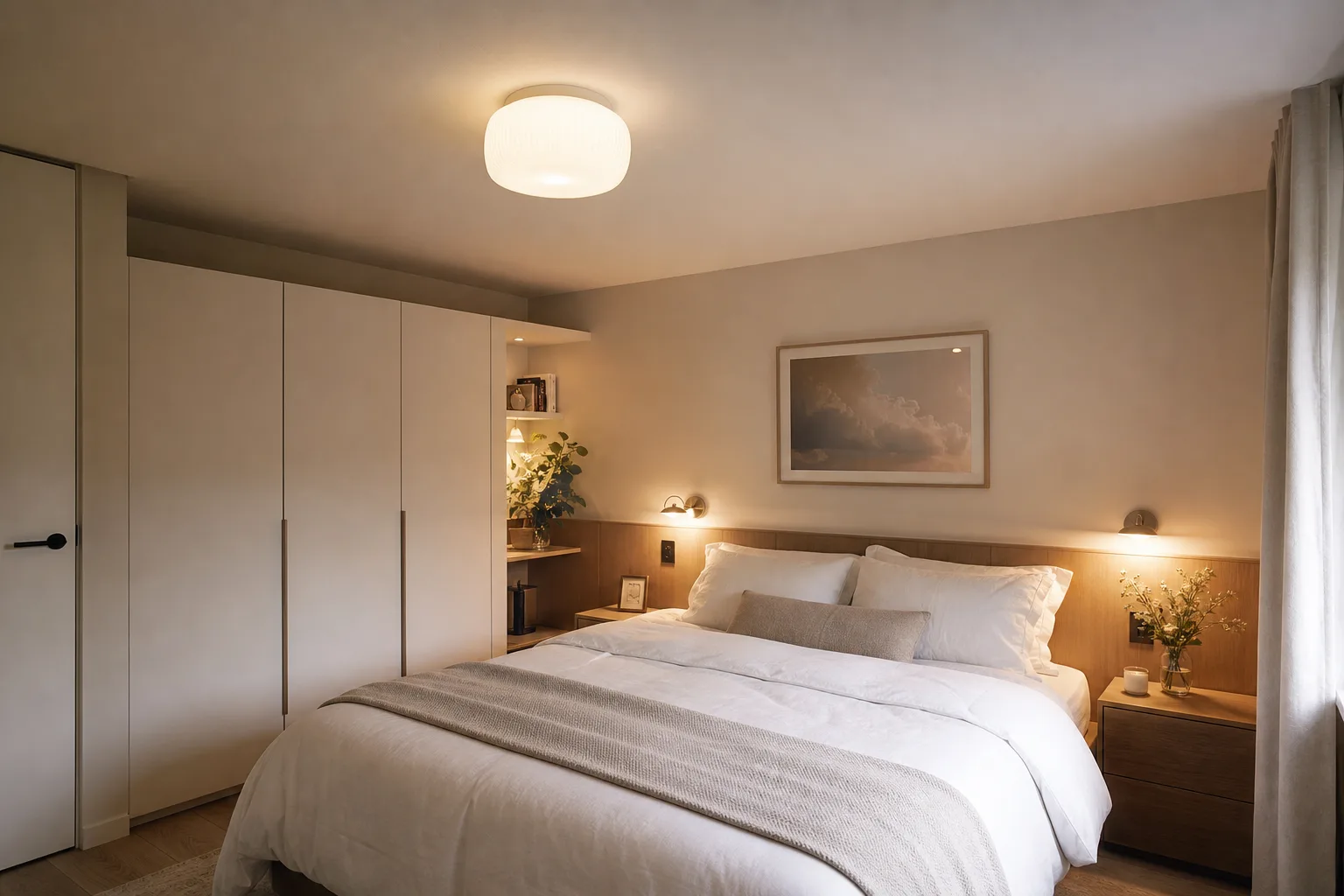 Chambre aux murs clairs avec une petite suspension en verre opalin installée près du plafond au-dessus du lit.