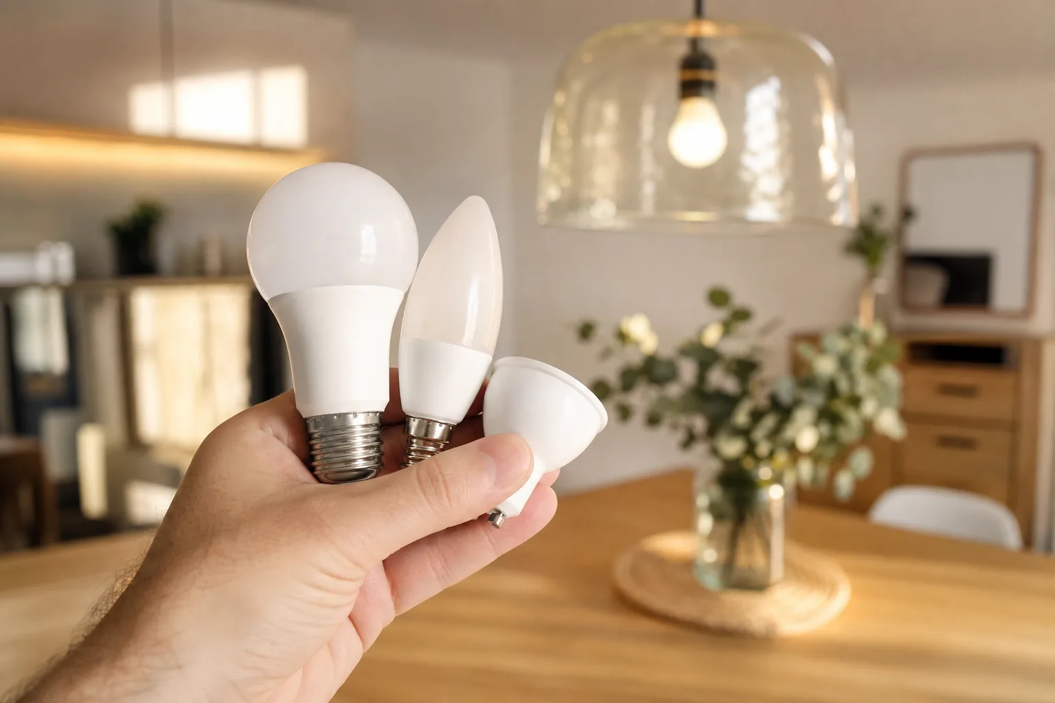 Plusieurs sources lumineuses aux culots à vis et à broches posées près d’une suspension en verre.