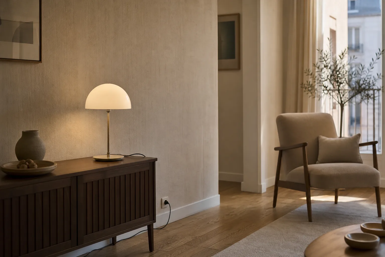 Lampe posée sur un buffet, branchée à une prise voisine, avec son cordon le long du meuble.