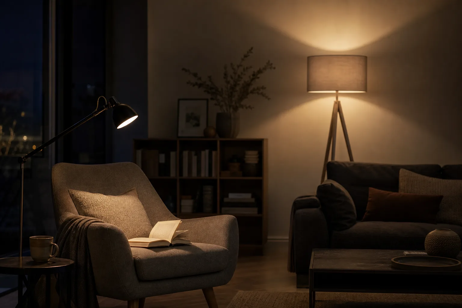 Fauteuil éclairé par une lampe de lecture, avec une seconde lampe qui illumine doucement le mur derrière lui.