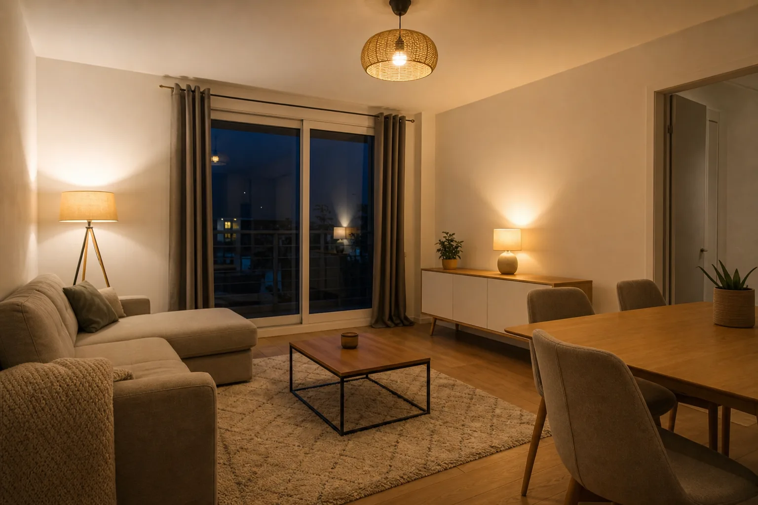 Séjour avec un lampadaire près du canapé, une lampe sur le buffet et un plafonnier au centre de la pièce.