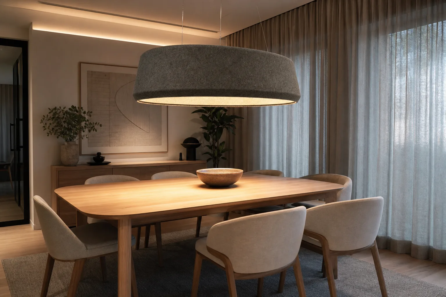 Large suspension en feutre au-dessus d’une table en bois clair dans une salle à manger aux rideaux beiges.