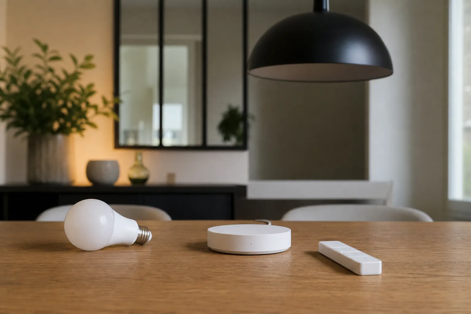 Ampoule, passerelle et commande sans fil posées sur une table sous une suspension.