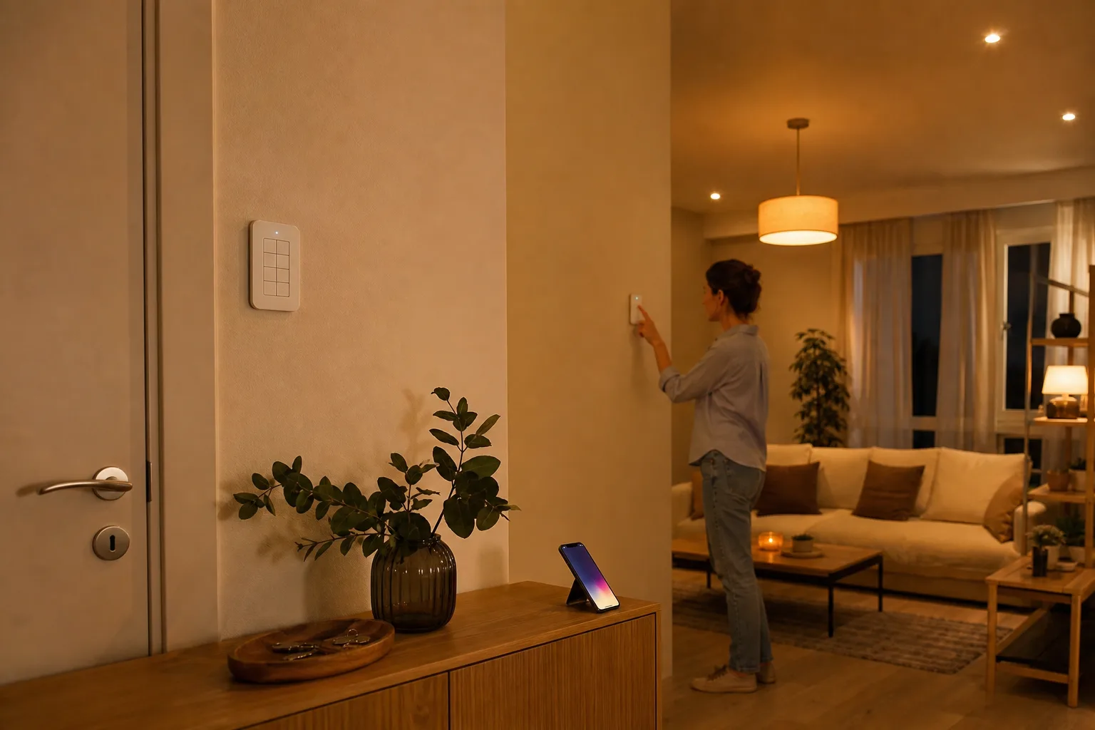 Commande d’éclairage sur le mur d’un séjour, près d’une porte, avec un téléphone posé sur une console.