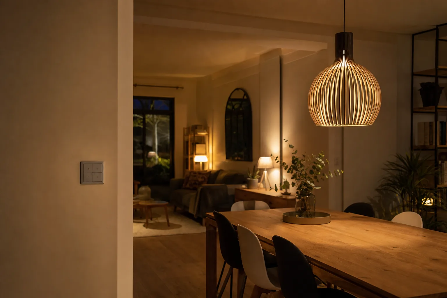 Séjour éclairé par une suspension au-dessus de la table et des lampes d’appoint près du canapé.