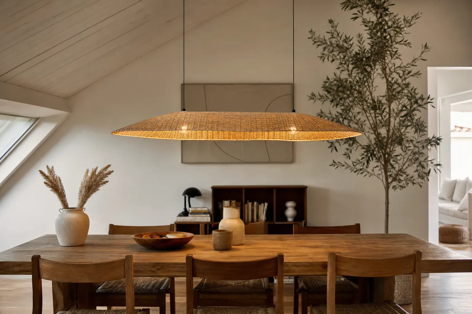 Suspension en fibre naturelle suspendue par un câble souple sous un plafond blanc incliné, au-dessus d’une table en bois.