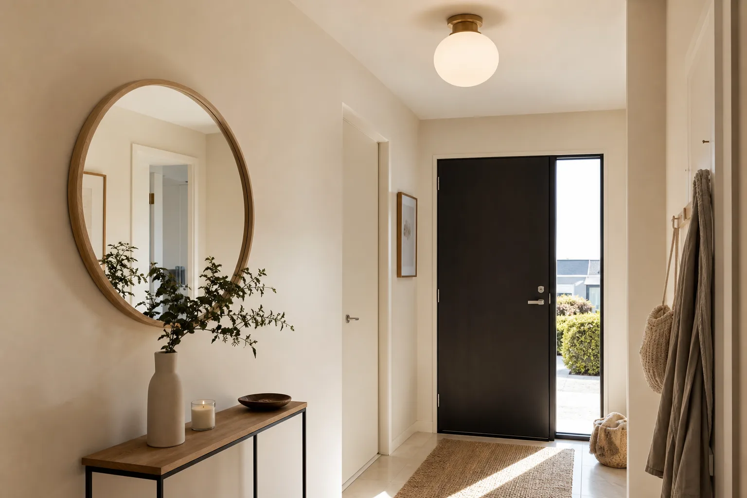 Entrée beige avec un plafonnier rond en verre opalin, un miroir en bois clair et une petite console près de la porte