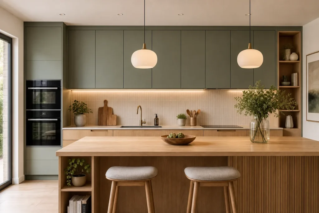 Plan de travail en bois éclairé par une réglette sous des meubles hauts dans une cuisine contemporaine avec suspension au-dessus de l’îlot.