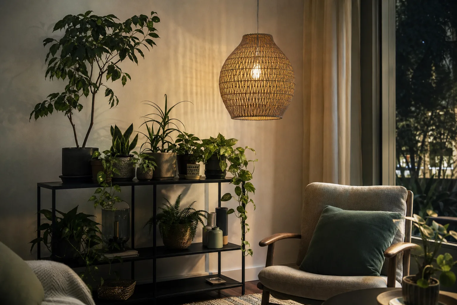 Un groupe de plantes de hauteurs variées sur une console, éclairé par une suspension en fibres naturelles près d’un fauteuil.