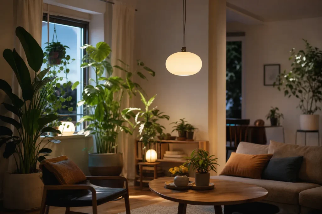 Des plantes d’intérieur regroupées près d’une fenêtre, sous une suspension blanche diffusant une lumière douce.