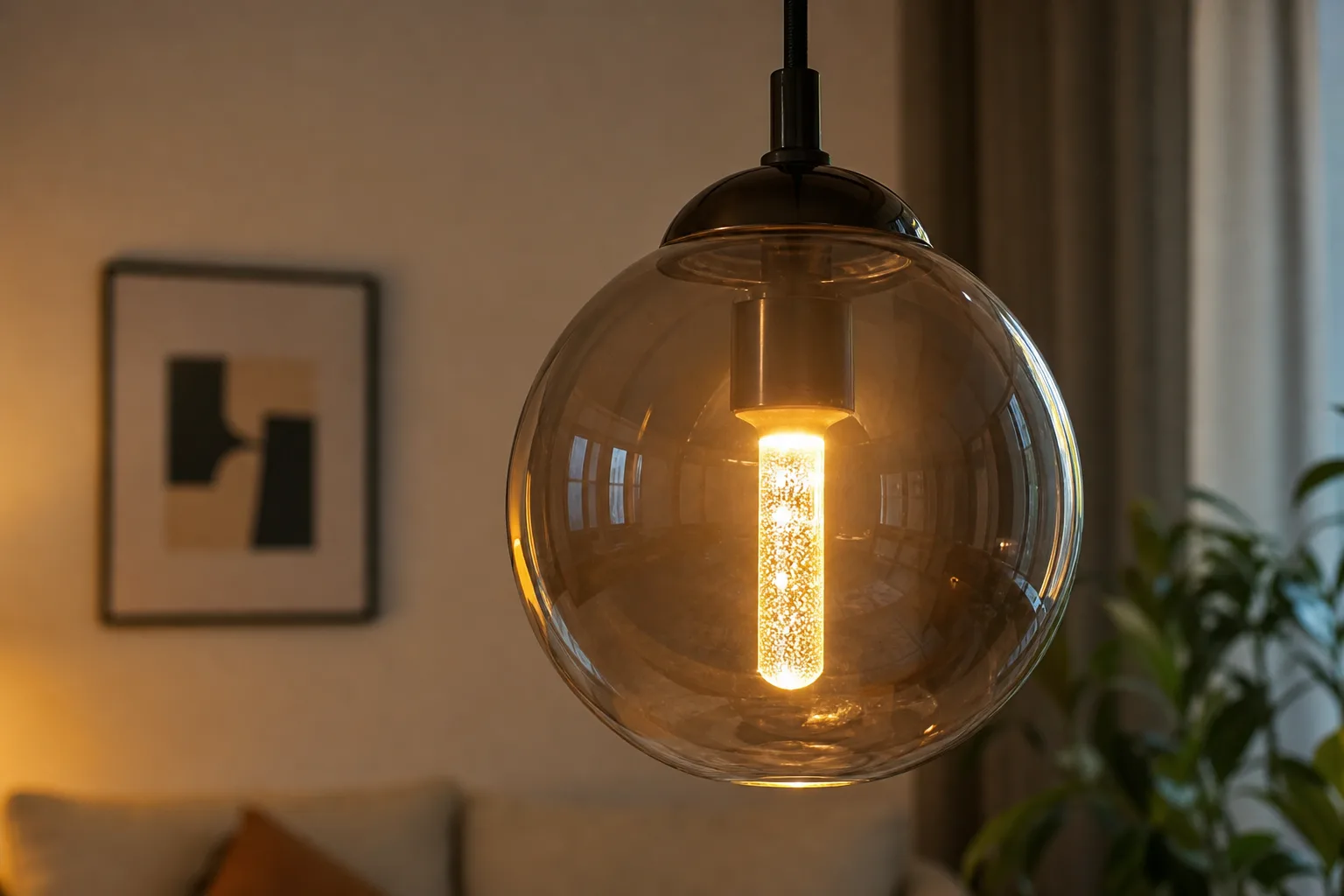 Suspension en verre avec ampoule LED allumée au-dessus d’une table dans un salon.