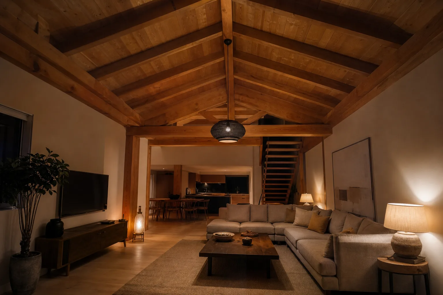 Séjour sous des poutres en bois, éclairé par une suspension entre les traverses et une lampe près du canapé.