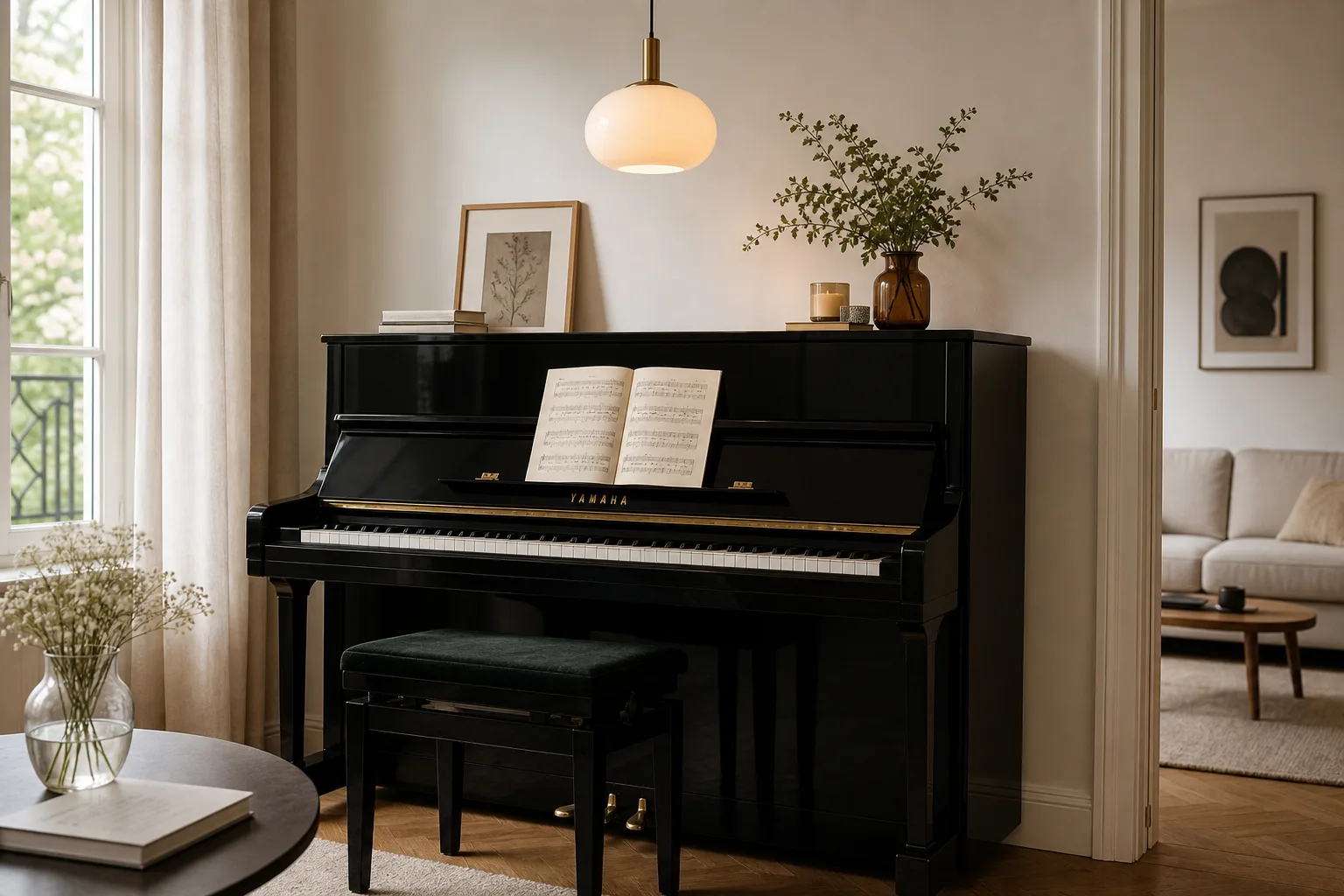 Piano droit noir avec partitions ouvertes sous une suspension en verre opalin dans un salon contemporain