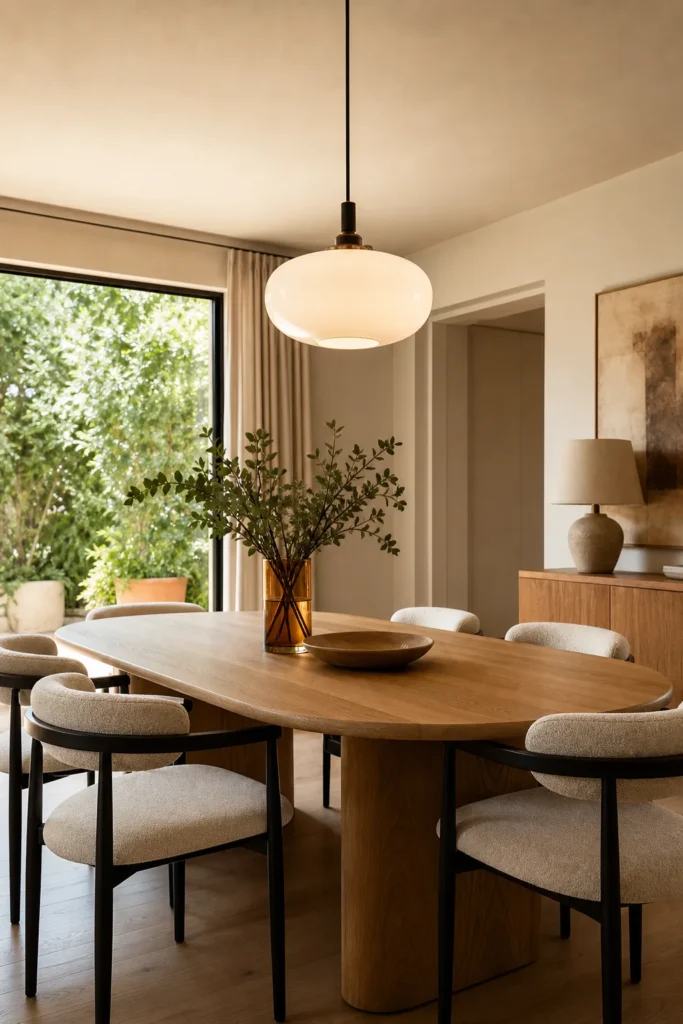 Suspension en verre opalin installée au-dessus d’une table à manger en bois dans un intérieur contemporain