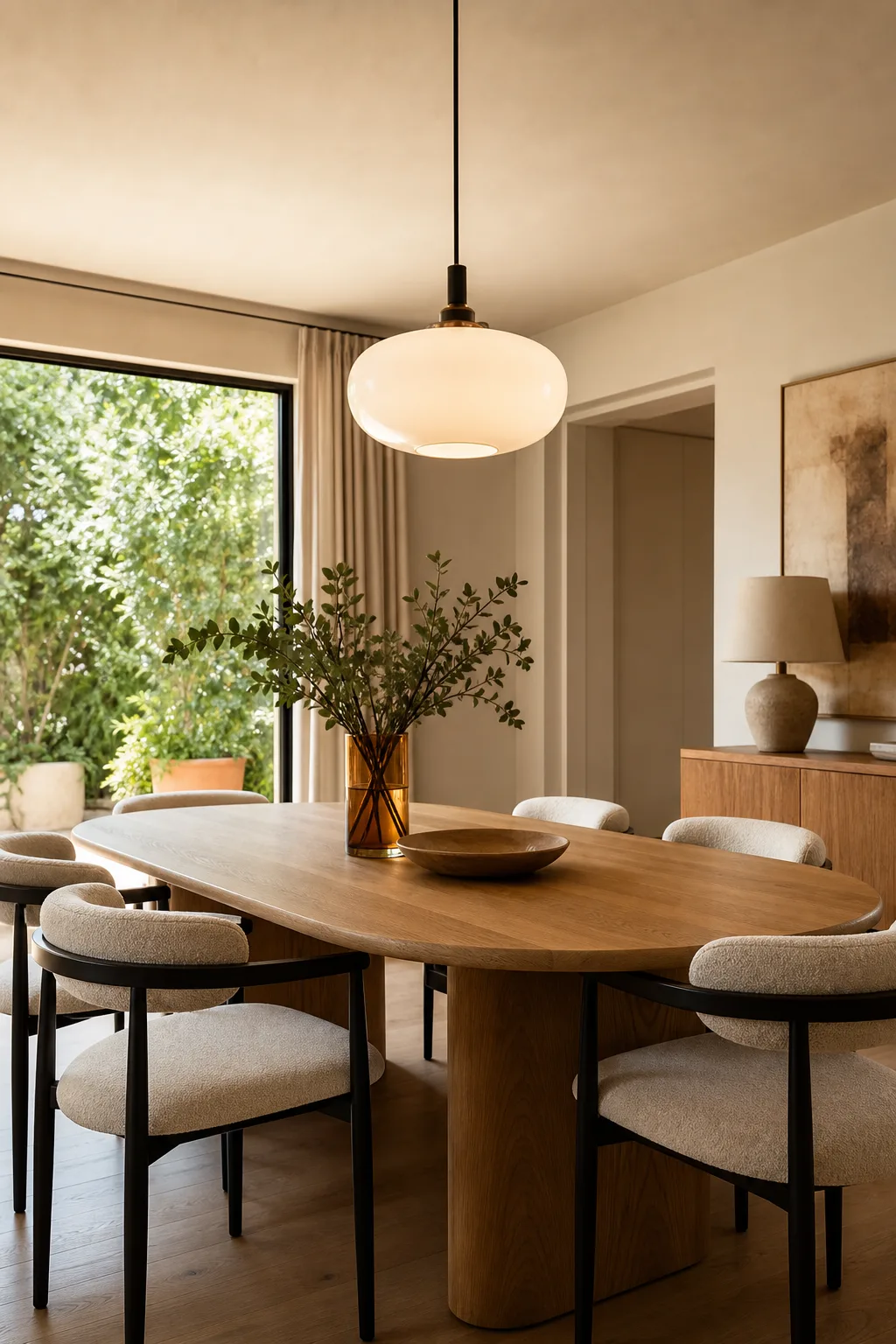 Suspension en verre opalin installée au-dessus d’une table à manger en bois dans un intérieur contemporain