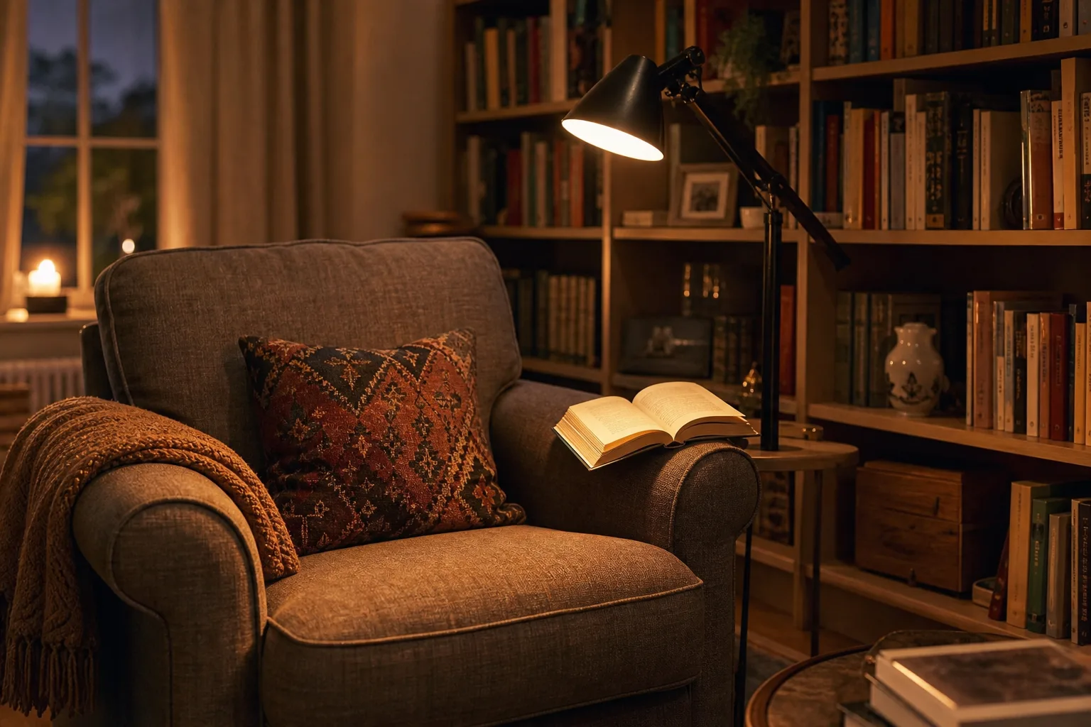 Fauteuil près d’une bibliothèque éclairé par une lampe de lecture orientée vers un livre ouvert