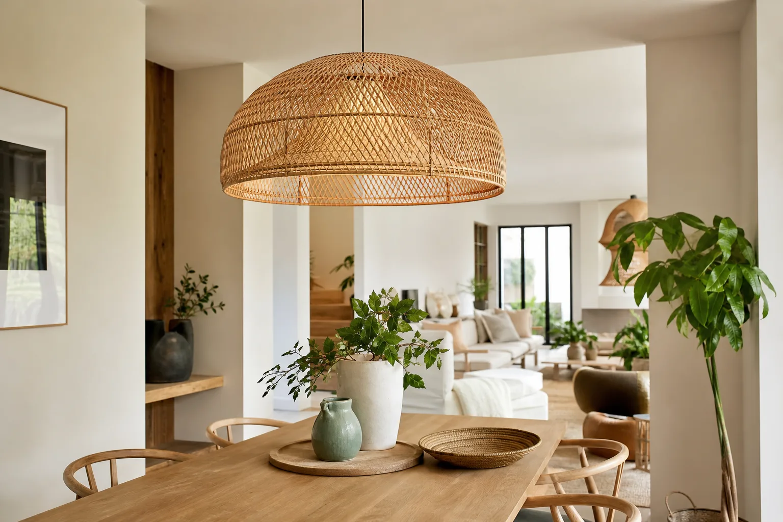 Grande suspension en rotin tressé ajouré au-dessus d’une table en bois dans un séjour lumineux.