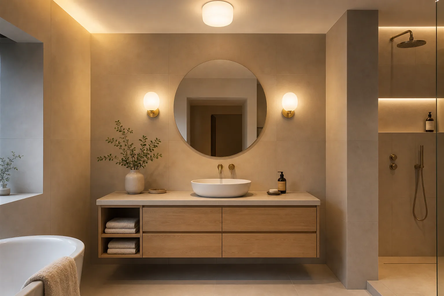 Salle de bains beige avec meuble vasque en bois, miroir rond et deux appliques lumineuses en verre dépoli.