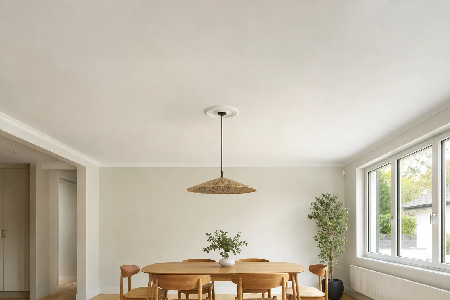 Suspension raccordée directement à une rosace située au-dessus d'une table, sur un plafond sans câble apparent.