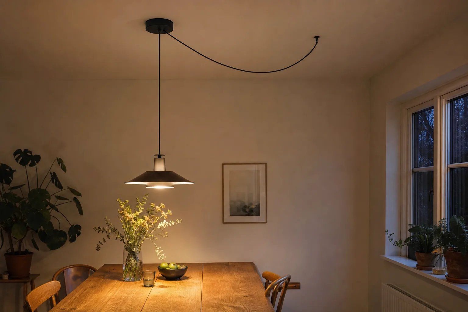 Suspension centrée au-dessus d'une table alors que sa rosace électrique se trouve plus loin sur le plafond.