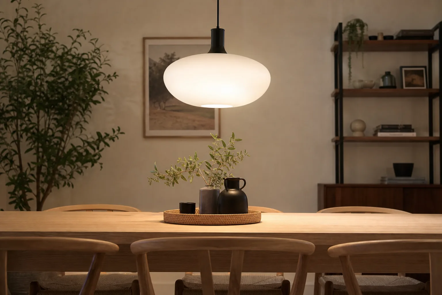 Table en bois sous une suspension ronde en verre opalin qui diffuse une lumière douce dans une salle à manger.