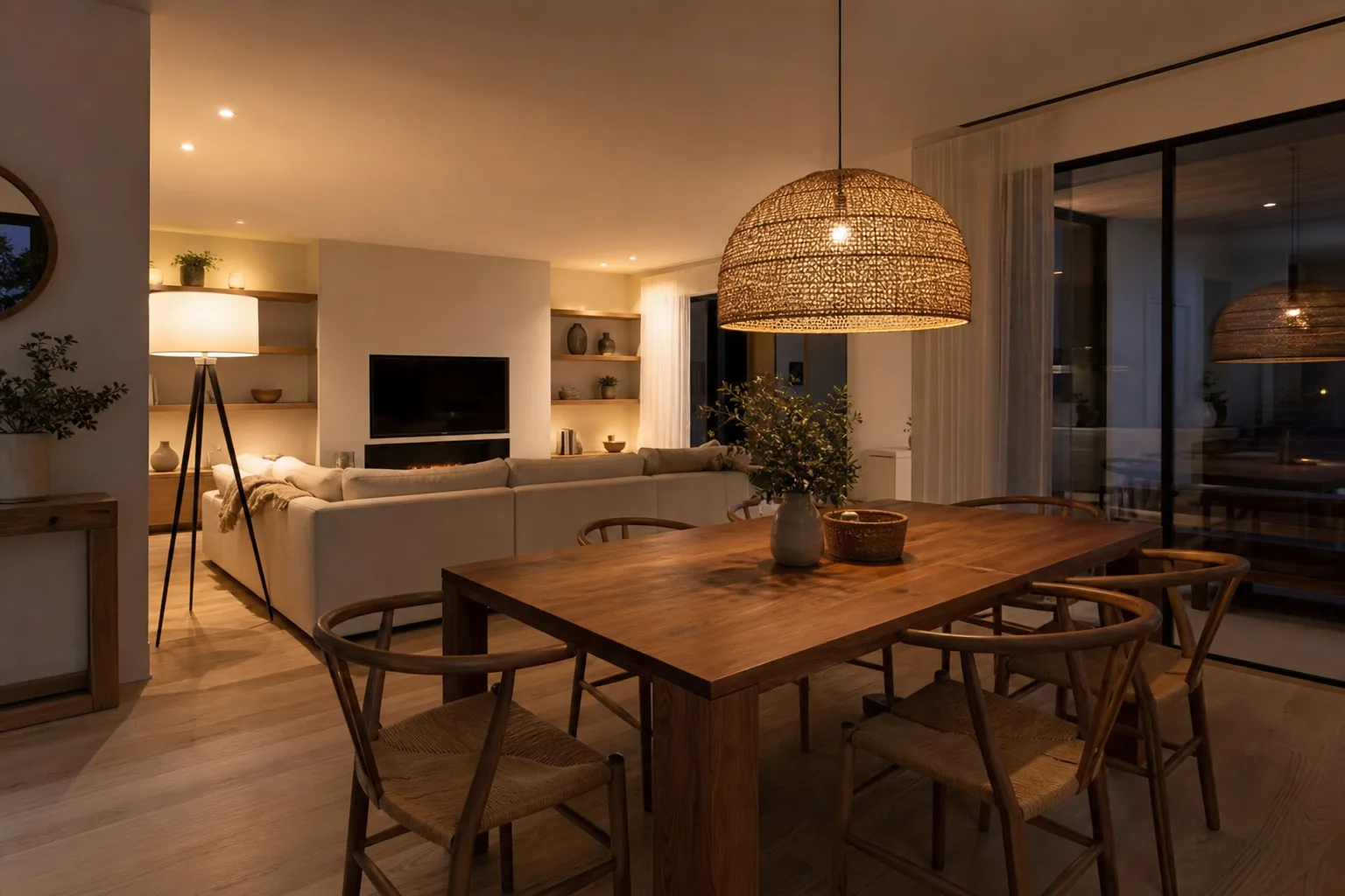 Séjour ouvert avec une suspension en fibres naturelles au-dessus d’une table et un lampadaire près du canapé.