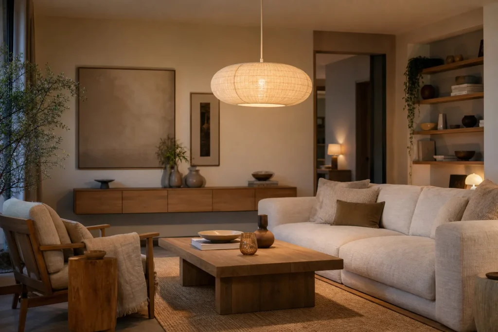 Suspension en lin écru allumée dans un salon aux meubles en bois et aux tons naturels.