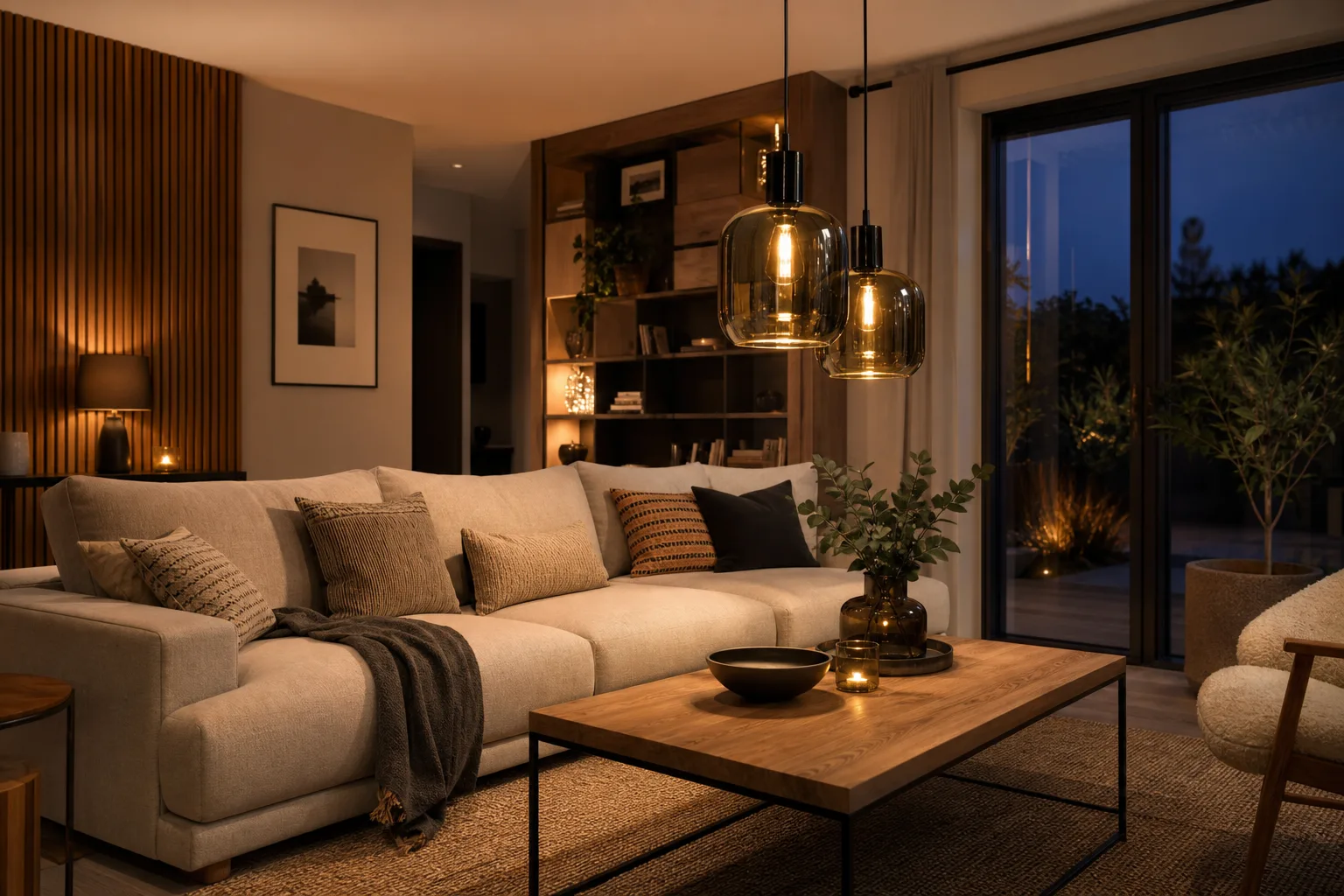 Suspension globe en verre fumé ambré allumée au-dessus d’une table basse dans un salon aux tons naturels.