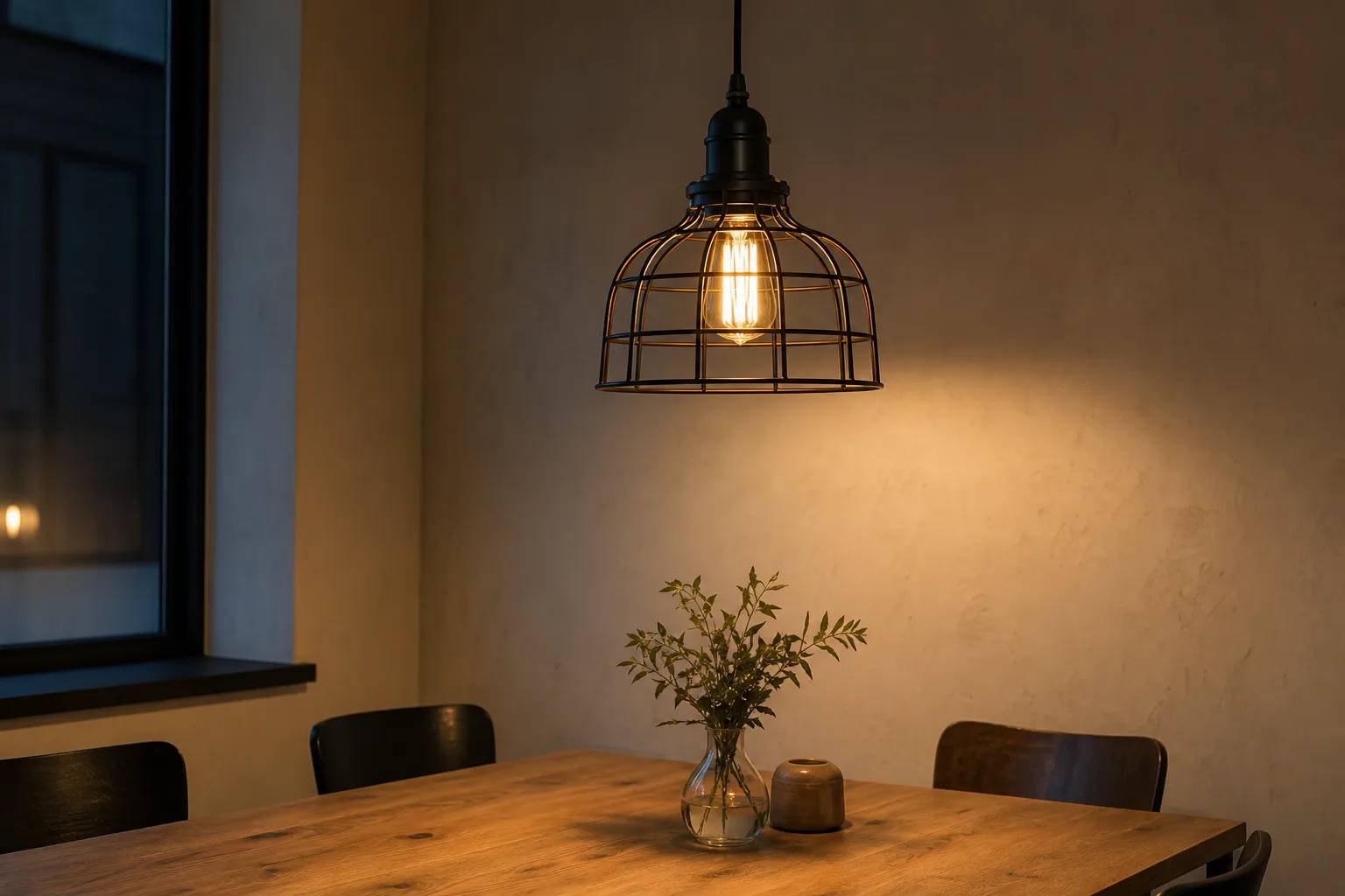 Ampoule LED à filament visible dans une suspension industrielle à cage au-dessus d’un coin repas.