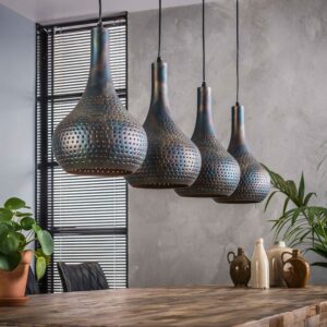 Suspension industrielle 4 lampes coniques 130x150 cm en métal