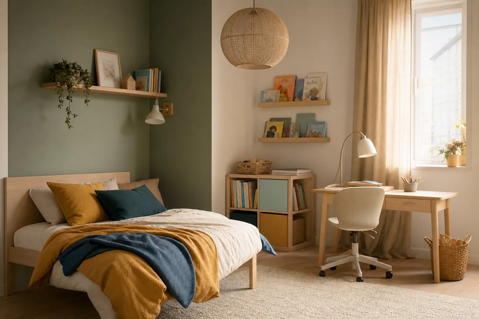 Suspension sobre au-dessus d’une chambre avec bureau, étagères de livres et textiles colorés.