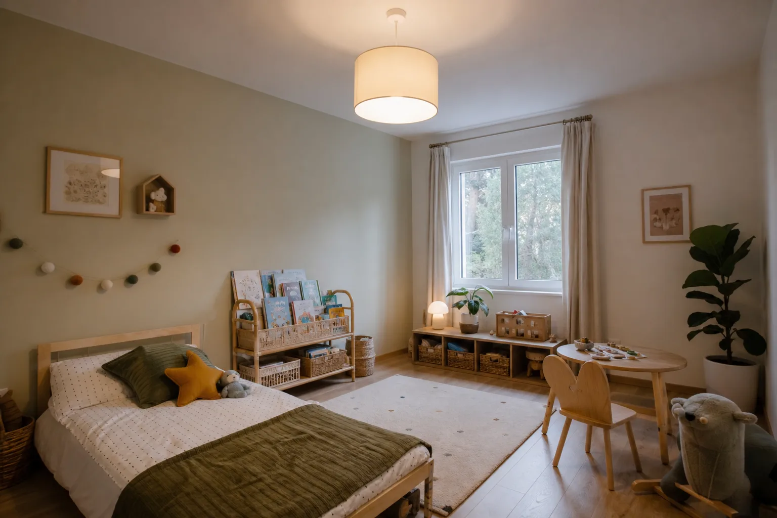 Chambre d’enfant avec lit bas, espace de jeu et suspension claire diffusant une lumière douce.