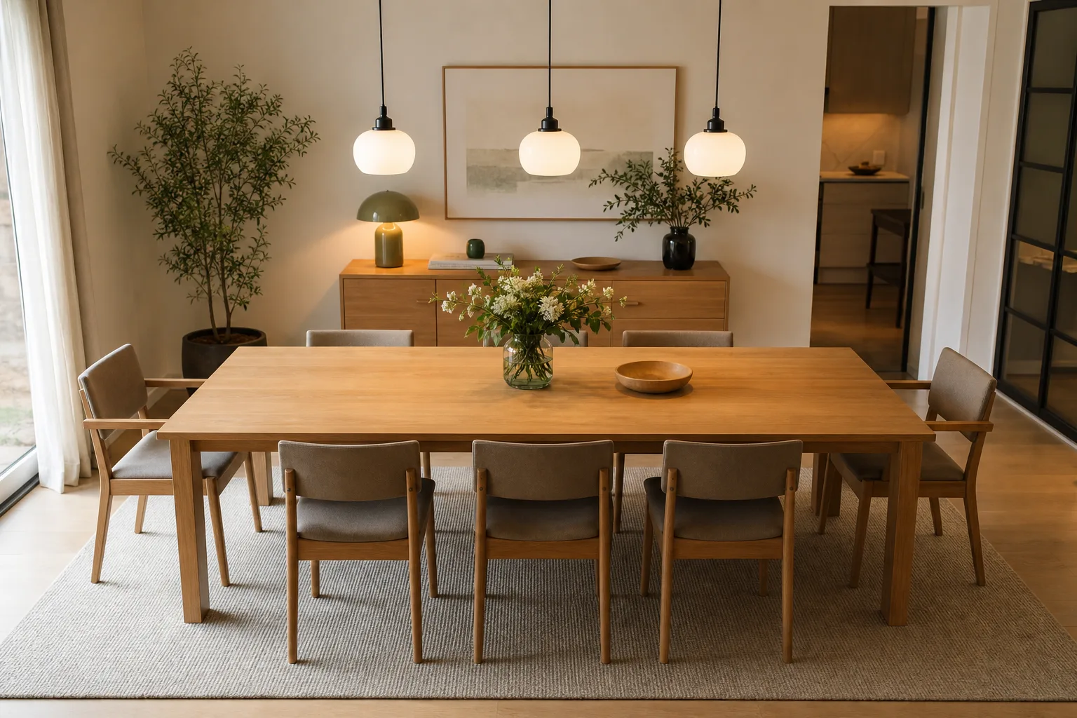 Trois suspensions en verre blanc alignées au-dessus d’une table rectangulaire en bois dans une salle à manger contemporaine.