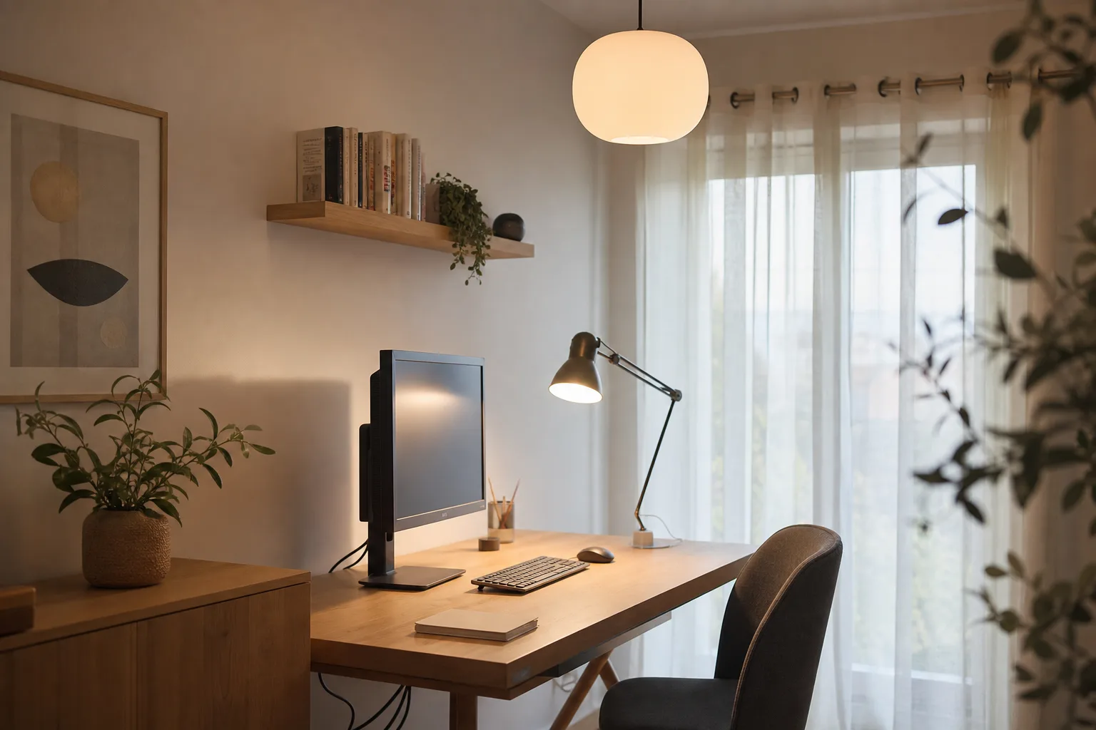 Bureau de télétravail avec ordinateur, lampe orientable et suspension en verre opalin près d’une fenêtre voilée.