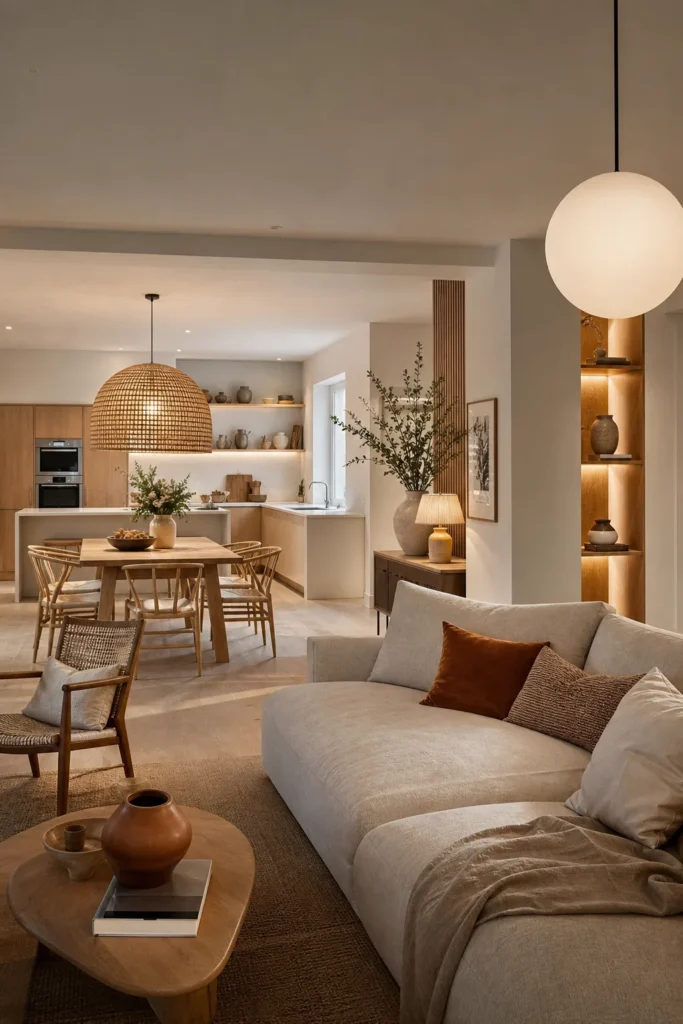 Salon ouvert sur une cuisine avec suspension en rotin au-dessus de la table et luminaire globe diffusant une lumière douce.
