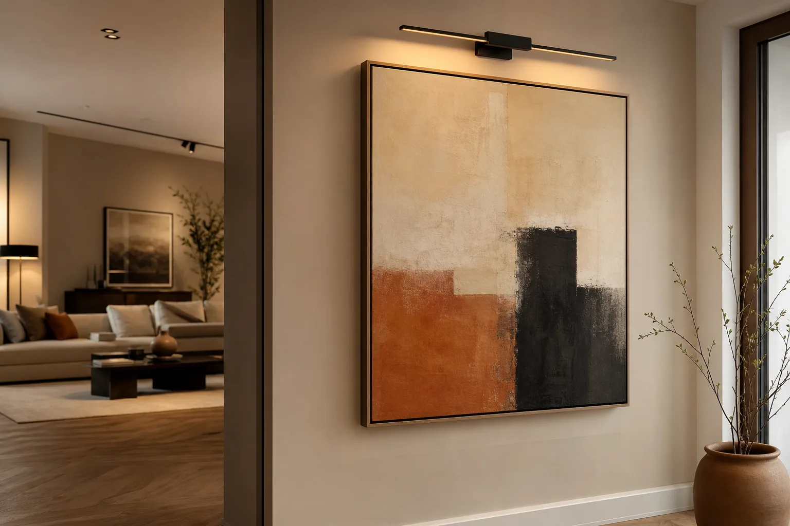 Grand tableau abstrait encadré éclairé par une applique fine installée au-dessus sur un mur beige.